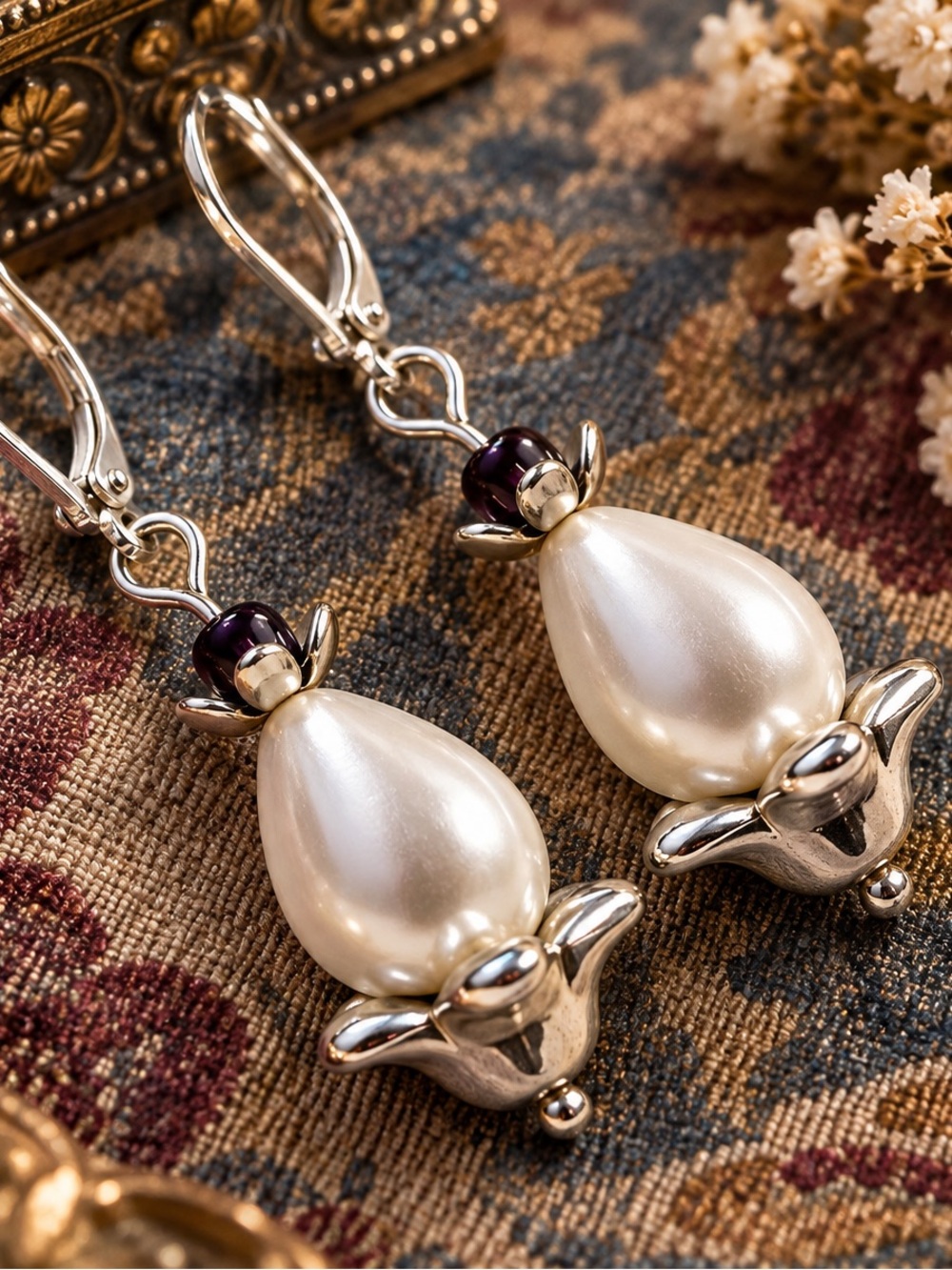 Handmade Pearl Purple Glass Floral Dangle Earrings
